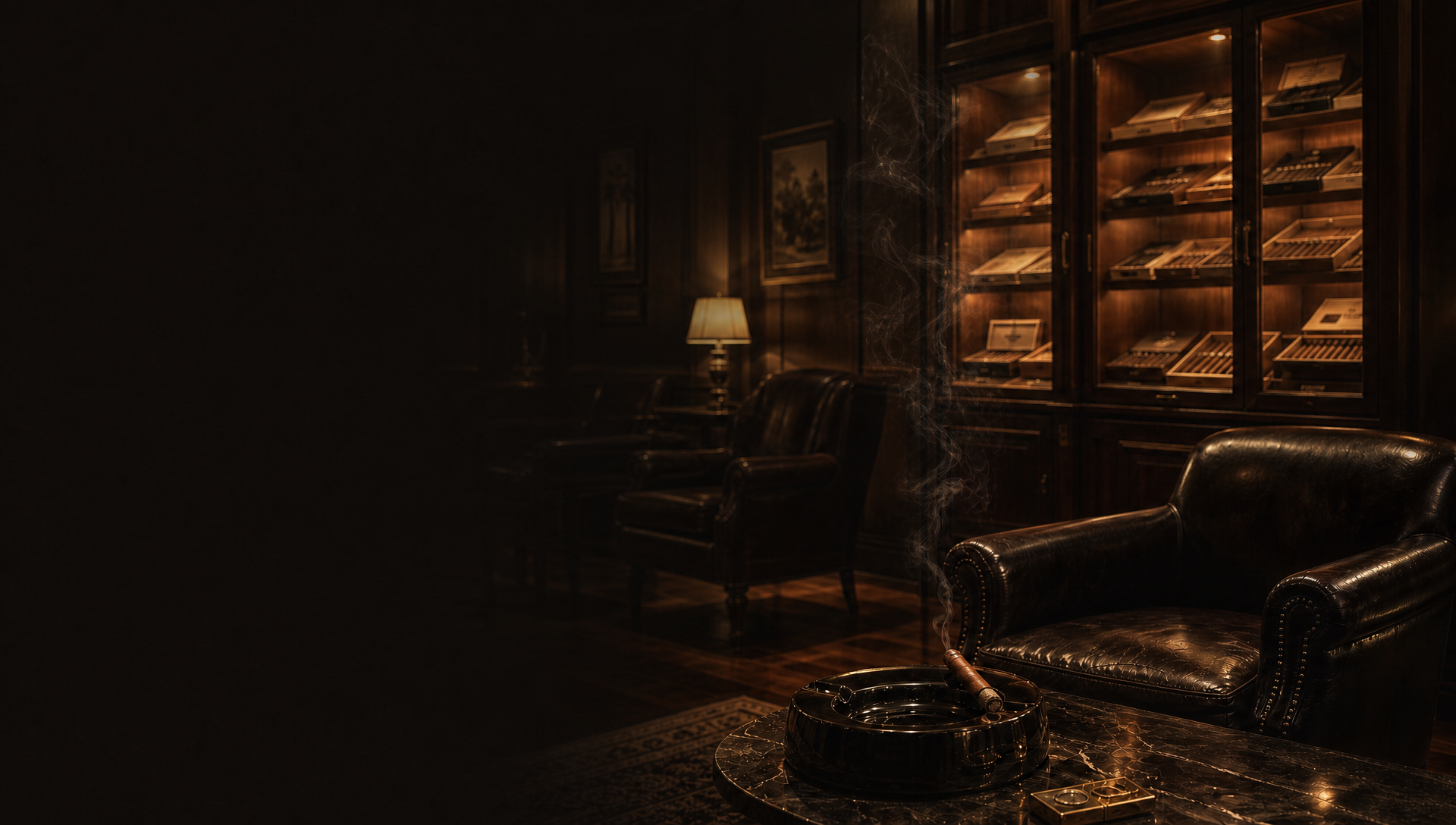 A warmly lit cigar lounge with cedar humidors and leather seating