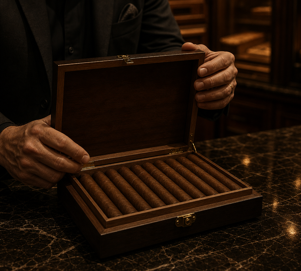 A tobacconist presenting a carefully arranged box of cigars
