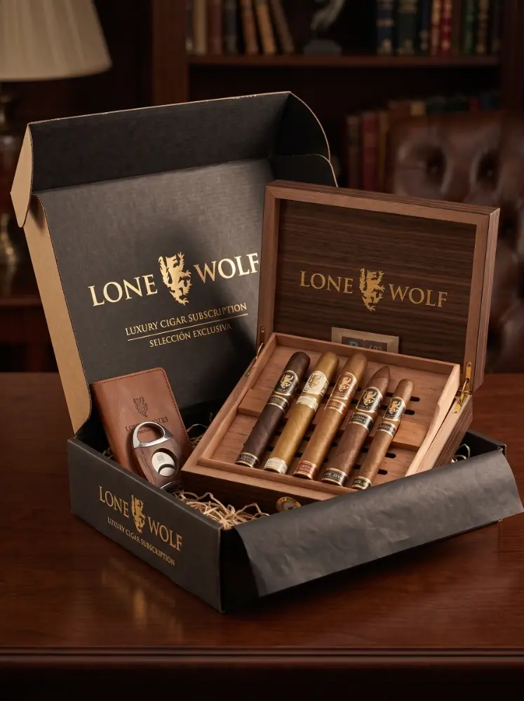 A Lone Wolf luxury cigar subscription box with five selected cigars